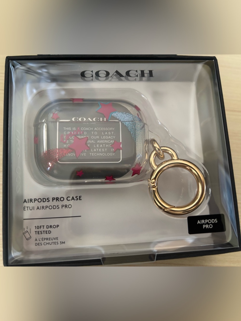 Coach Clear AirPods Pro Case with Pink Stars and Gold Keyring